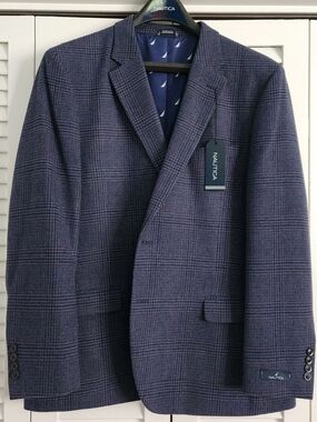 Nautica Men's Navy Plaid Sport Coat with Subtle Check